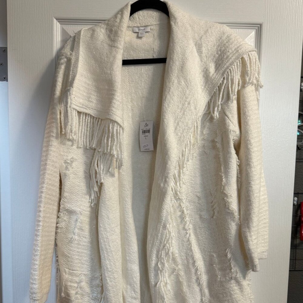 J.Jill Fringe Cream White Cardigan with Shawl Collar – Size L, NWT